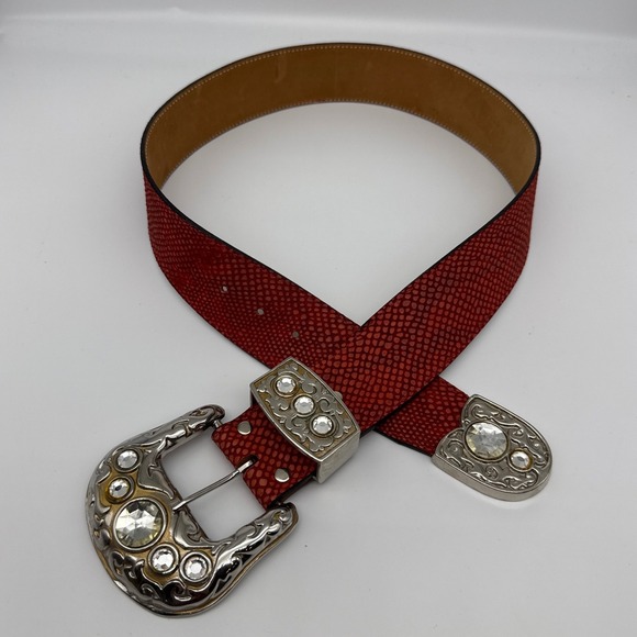 Vintage Streets Ahead Red Snakeskin Rhinestones Western Belt Silver Buckle L - Picture 1 of 9